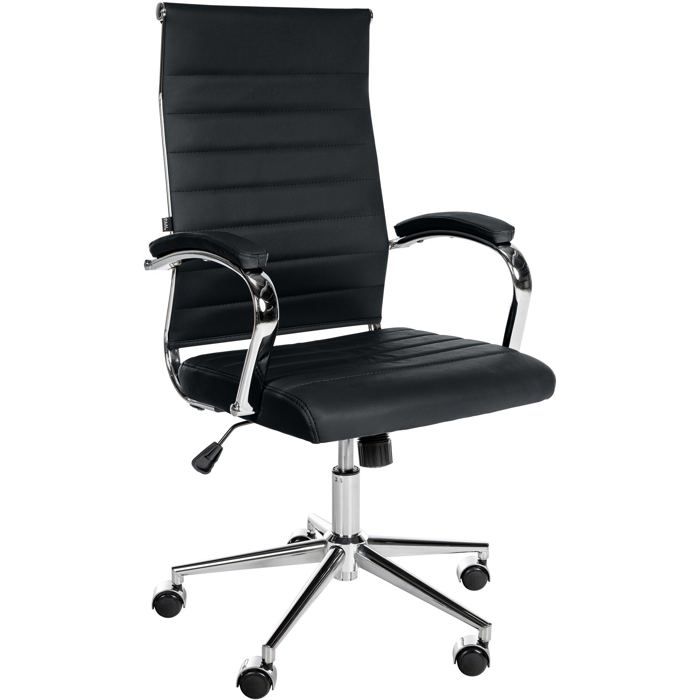 Fauteuil de bureau en cuir veritable noir surpiqûre horizontale et pieds metal chrome 10_0002553 Fauteuil de bureau en cuir veritable noir surpiqûre horizontale et pieds metal chrome 10_0002553