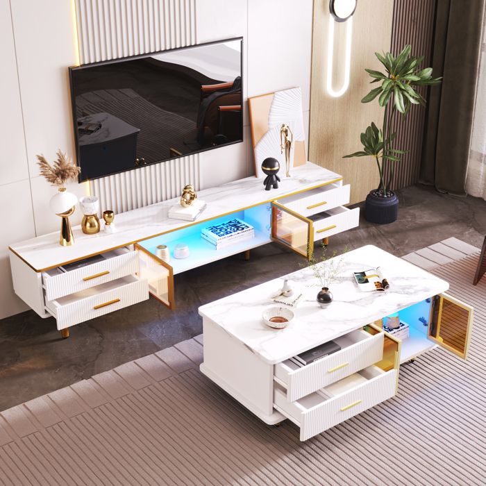 Meuble TV en marbre 4 tiroirs 2 portes vitrées et ensemble de table basse moderne Armoires de rangement Blanc