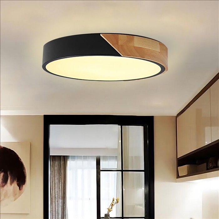 WOTTES Plafonnier en Bois Rond - LED Plafond Luminaire Moderne Pour Salon Chambre Couloir Cuisine - 30*30CM - Noir - Blanc Chaud