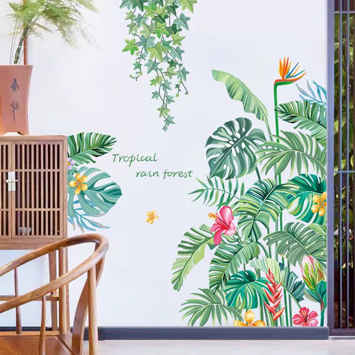 Wondever Stickers Muraux Feuilles Tropicales Fleurs Autocollants Muraux Mural Stickers Palmier Feuilles Plante Verte Pour Chambre Salon Canapu00e9