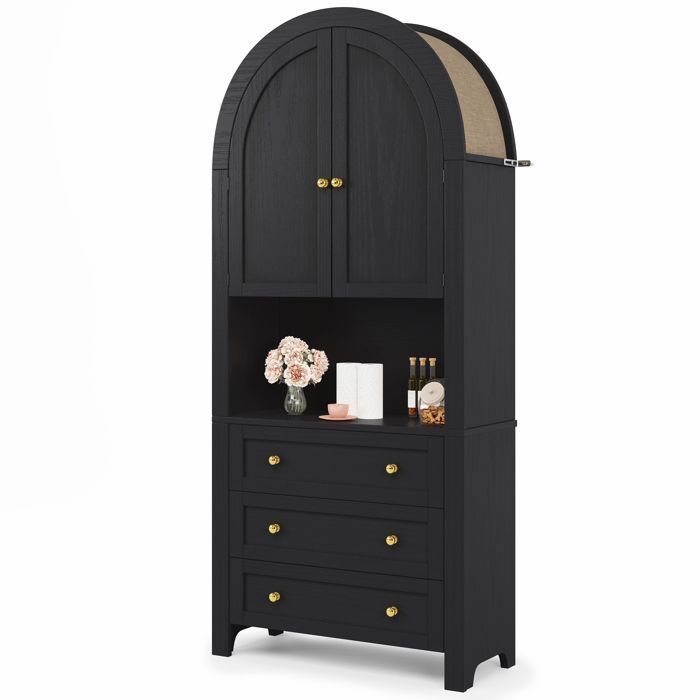 Armoire de Rangement Haute en Arc Avec Tiroirs et Portes Buffet Cuisine Moderne Meubles de Rangement 70 x 35 x 180 cm Noir