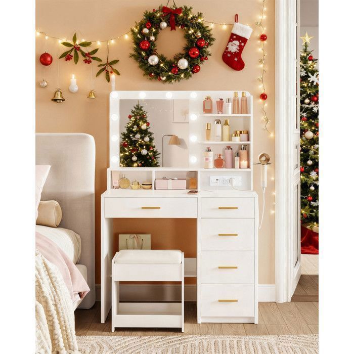 Coiffeuse avec 10 Globes Lumineux LED3 CouleursCoiffeuse avec Prise et Grand Miroir Tabouret et Support pour Sèche-CheveuxBlanc
