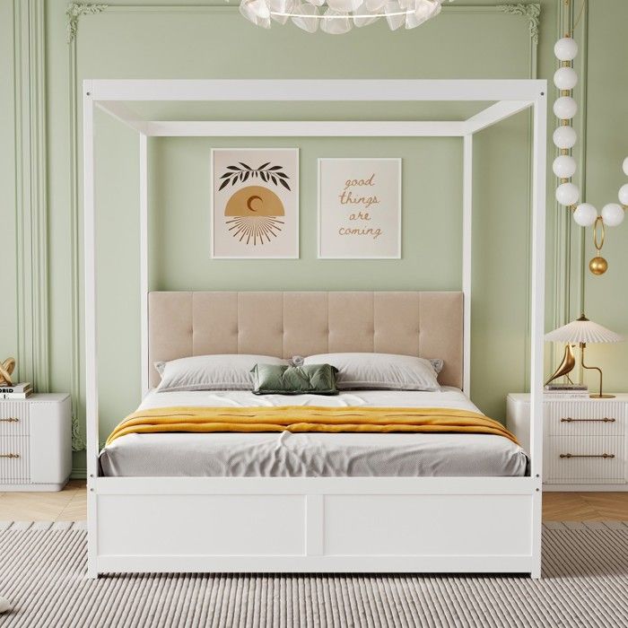 Lit Double Lit à baldaquin 140x200 cm bois blanc - Grands tiroirs de rangement & dossier moelleux -sans Matelas