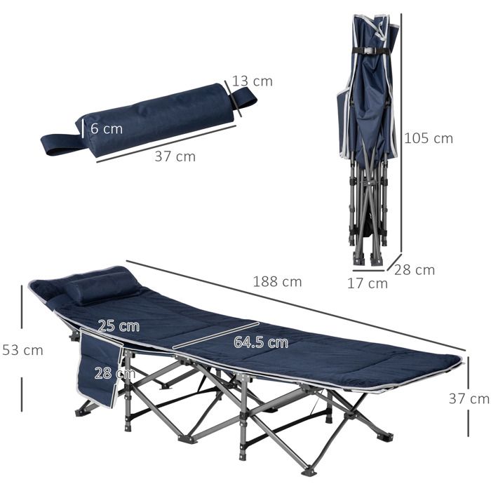 Outsunny Lit De Camping Pliable 1 Personne – 183x66x33 Cm, Avec Oreiller Amovible, Mousse Confortable, Charge Max 114 Kg – Noir Portable