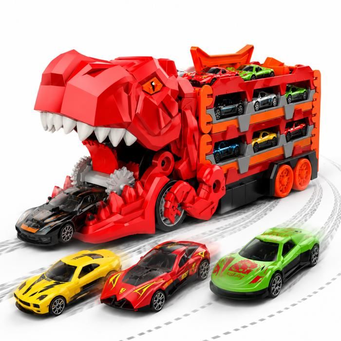 Camion jouet - KUKUFUN - Transporteur dinosaures - Rouge - 12 voitures moulées - Catapulte pliable