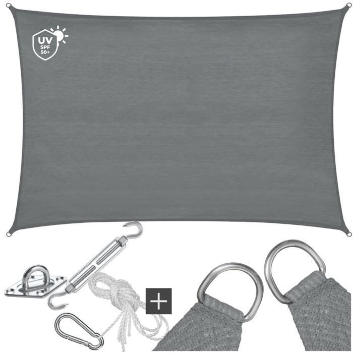 Voile dombrage - TECTAKE - Protection solaire SUNNY extérieur en HDPE indéchirable avec protection UV imperméable 2x3m - Gris