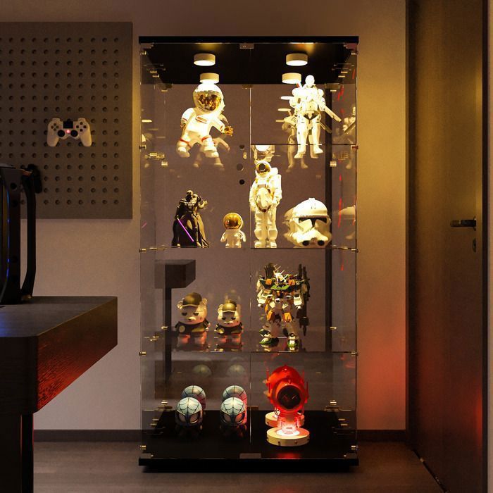 Vitrine en Verre - Vitrine avec Lumières LED et miroir - ADWOLT - 4 étagères et 2 portes - Verre Trempé - 80.5×36.5x164cm - Noir