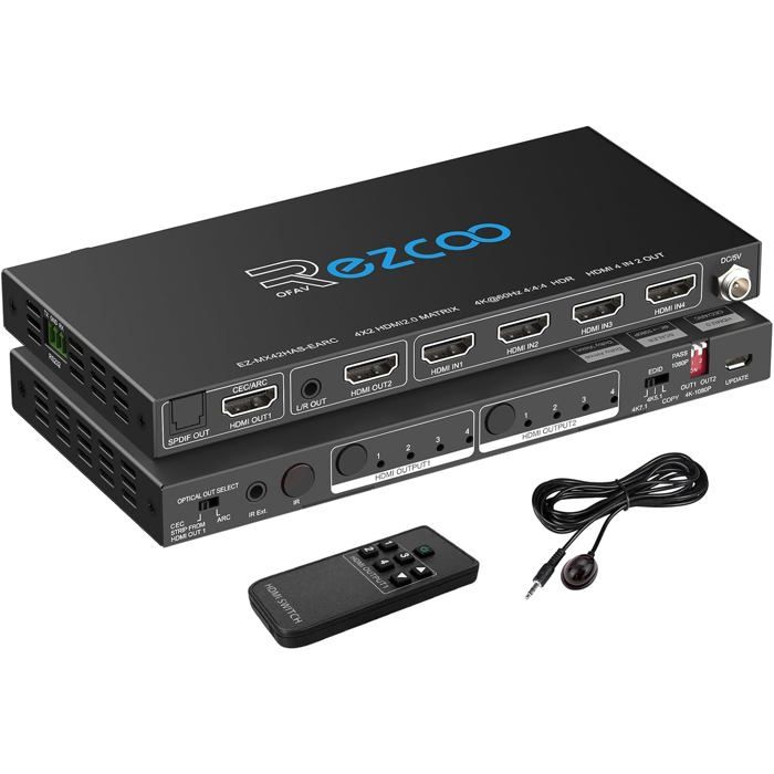 Matrice HDMI 4x2 4K 60Hz 4:4:4 HDR Dolby Vision Atmos – Switcher 4 Entrées 2 Sorties Avec ARC, SPDIF, Downscale, EDID