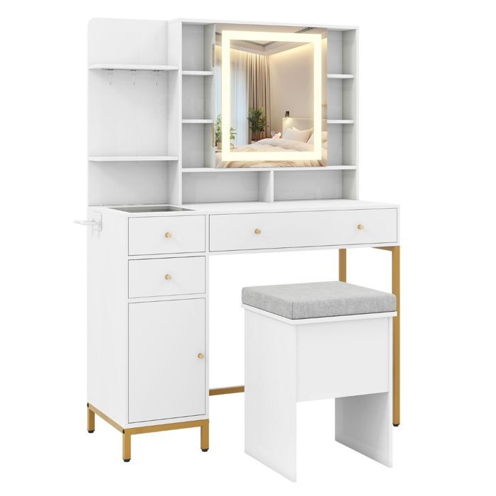 Coiffeuse - HELLOSHOP26 - Miroir éclairé LED - Station de chargement intégrée - 8 étagères ouvertes - Blanc Coiffeuse - HELLOSHOP26 - Miroir éclairé LED - Station de chargement intégrée - 8 étagères ouvertes - Blanc