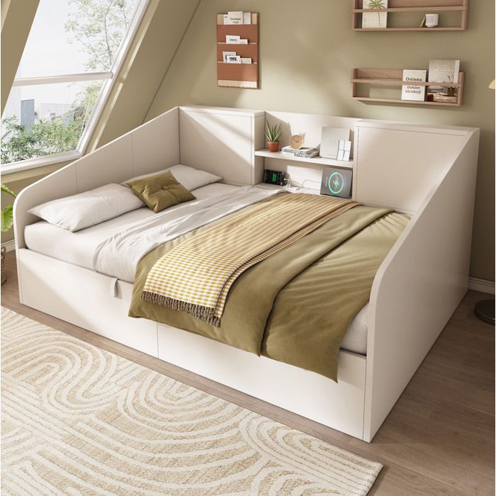 Lit coffre 140x190 cm lit double avec rangement hydraulique et station de charge en bois blanc (Sans matelas)