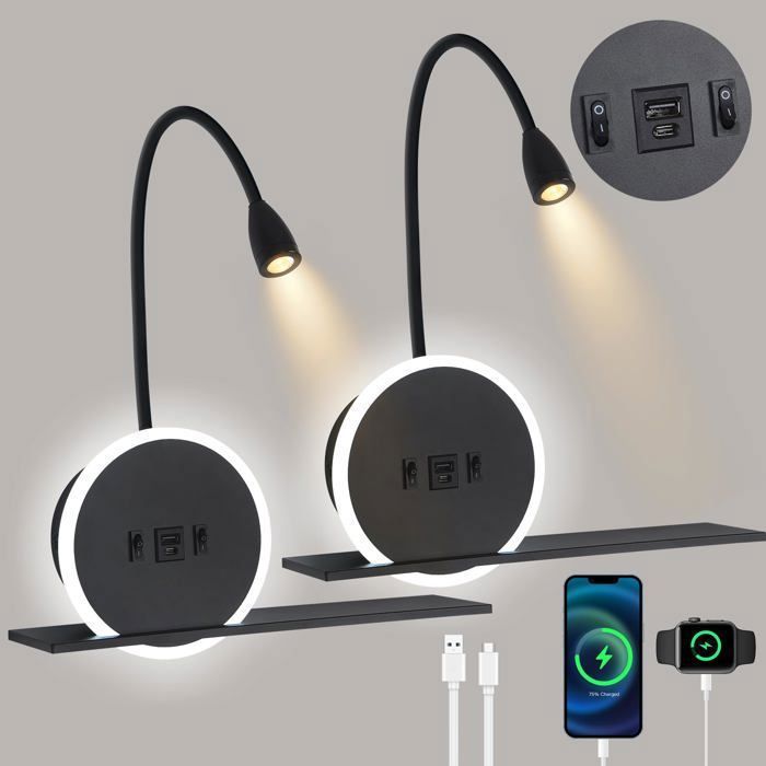 LED Liseuse de chevet 2 pièces lampe murale avec interrupteurLampe de Lecture avec port de charge USB + Type C 15W 3000K