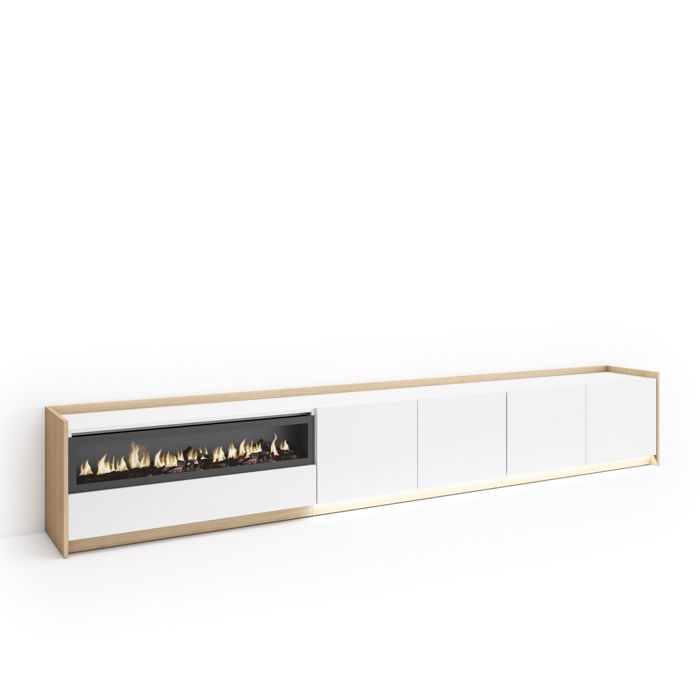 Meuble TV - Avec cheminée électrique à gauche - 310x37x50cm - Pour les TV jusquà 80 - LED - Blanc et Chêne Soft - RF4876