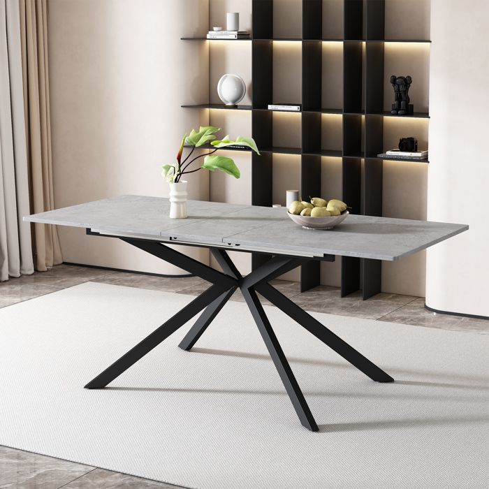 Table à manger extensible - L150/180 rectangulaire - Pieds croisés - Motif ciment noir/gris - Plateau MDF métal