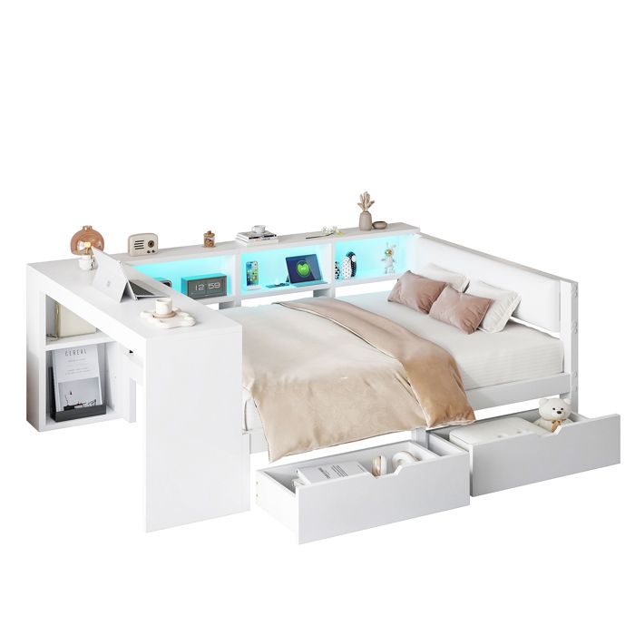 Lit plateforme 140x200 cm FloraGrace - avec rangements et station de charge USB LED 7 couleurs - Blanc