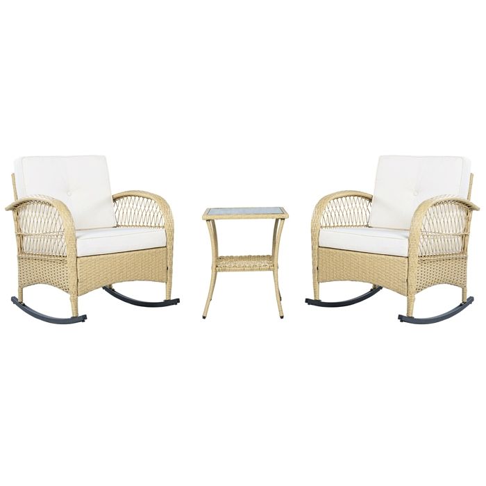 Ensemble Salon de Jardin Exterieur 3 Pièces en Rotin Bohème 2 Fauteuils à Bascule et Table Basse Charge 160 kg pour Balcon Terrasse