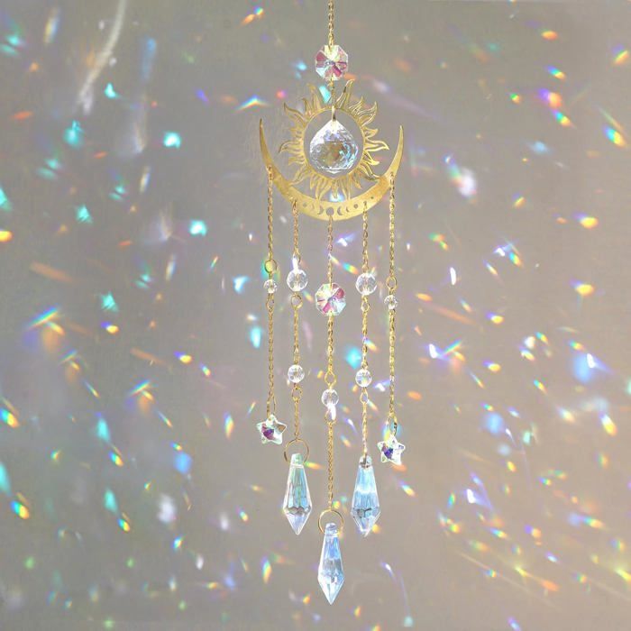 Attrape-Soleil en Cristal Boho - Perles Prisme Pendentif Soleil Lune - Carillon à Vent - Cadeau pour Filles Femmes