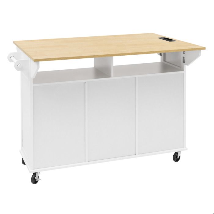 Îlot central de cuisine mobile – Blanc/Naturel – Extensible 120 x 40-60-80 x 92 cm – Tiroirs portes prises intégrées