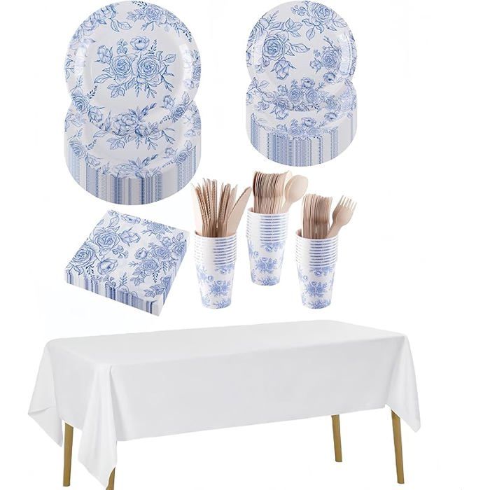 Service de table 212 pièces en papier pour 30 invités comprenant assiettes tasses serviettes couverts et nappes Bleu