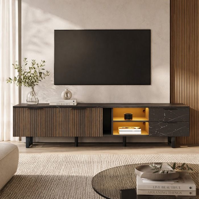 Meuble TV 200 cm - aspect marbre noir - MDF - 2 portes 2 tiroirs LED multicolore