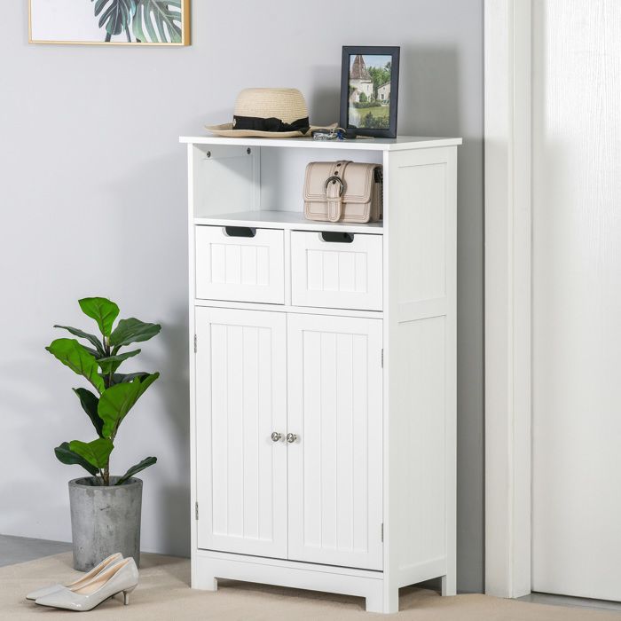 Meuble de rangement blanc 60 x 30 x 1088 cm 2 portes étagère réglable 2 tiroirs niche ouverte salle de bain/salon/cuisine