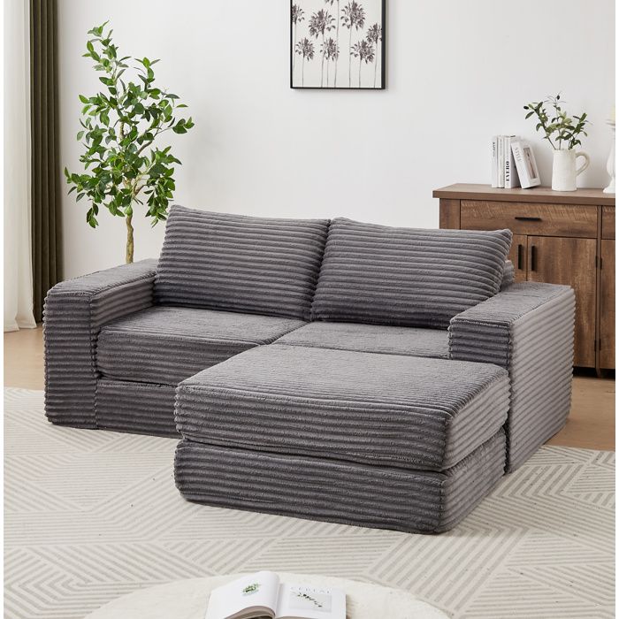 Canapé convertible 2 places modulable en velours côtelé gris avec repose-pieds amovible et 2 coussins