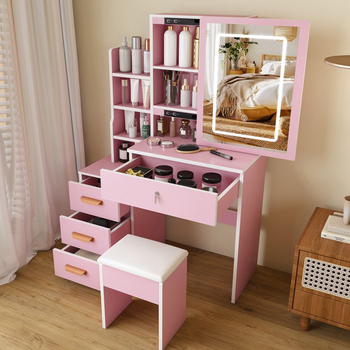 Coiffeuse rose avec miroir LED 3 modes tabouret inclus 4 tiroirs rangements latéraux MDF 85 x 34 x 130 cm