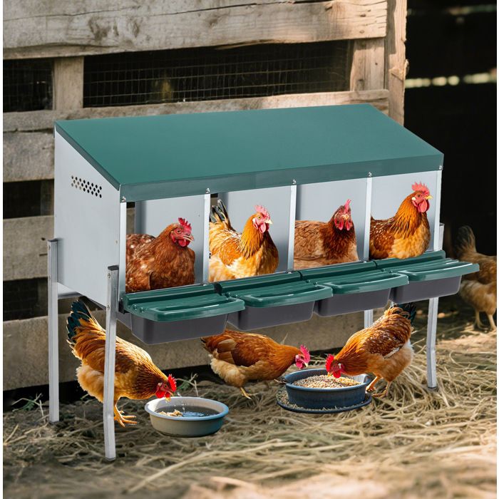 Nid à poules 4 compartiments avec bac de récupération et pieds surélevés - UVRION - Acier galvanisé Vert 107 × 33 × 81 cm