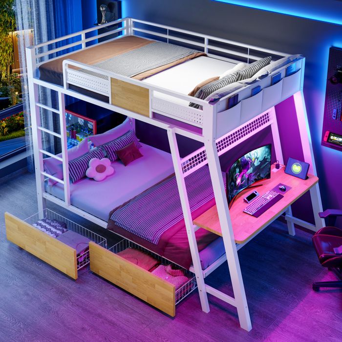 Lit superposé 2 places bureau prises USB Type-C LED et 2 paniers 90×200 cm sans matelas