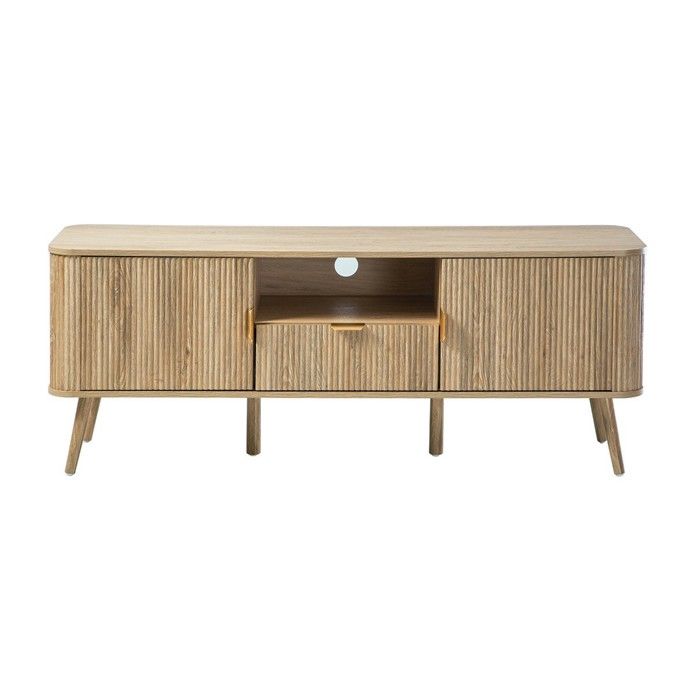 CALICOSY - Meuble TV 2 portes effet chêne façades lames arrondies L140 cm - MAHO - Bois clair