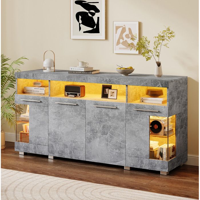 VEVXYN buffet bas sideboard rangement 140 x 40 x 70 cm MDF verre trempe gris ciment LED integre style industriel salon