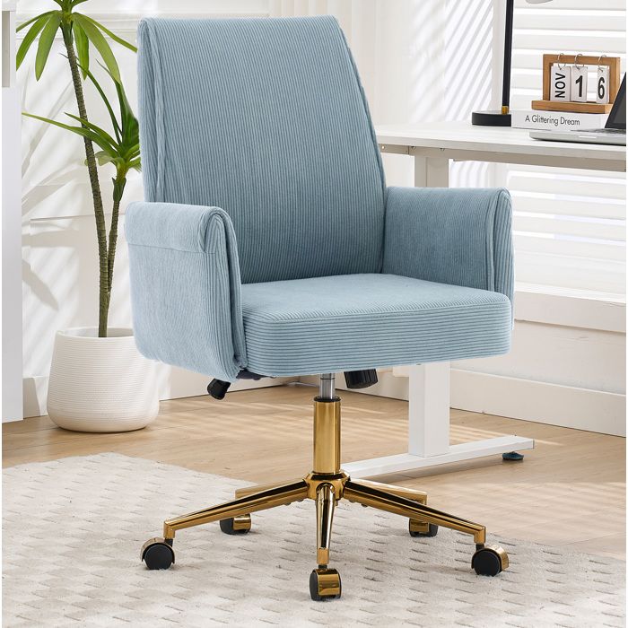 Chaise de bureau pivotante réglable en hauteur bleu en velours côtelé avec accoudoirs et base dorée à roulettes