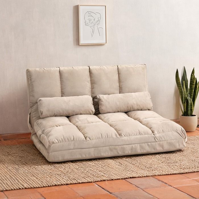 Fauteuil convertible 1 place en suède beige chauffeuse capitonnée avec dossier inclinable 14 positions et 2 coussins