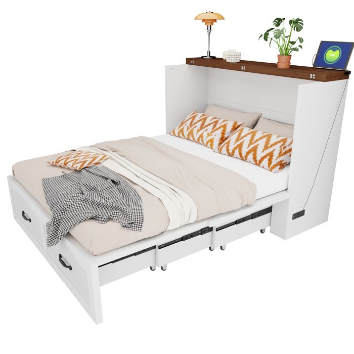 Lit escamotable 140 x 200 cm pliant avec rangement bois et métal blanc prise intégrée style armoire
