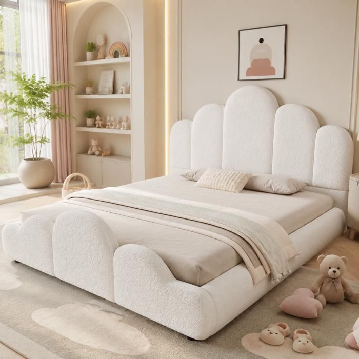 Lit enfant - SOGEU - Lit capitonné - 140 x 200 cm - Revêtement bouclé beige - Sommier à lattes inclus
