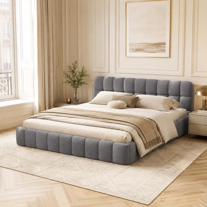 Lit double rembourré 140x190 cm en lin lit capitonné avec tête de lit confortable sommier à lattes style moderne