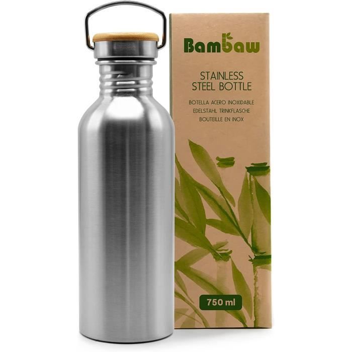 Gourde Inox 1 Litre - Bouchon En Bambou étanche - Sans BPA - Pour L’école, Le Sport, La Randonnée, Le Vélo
