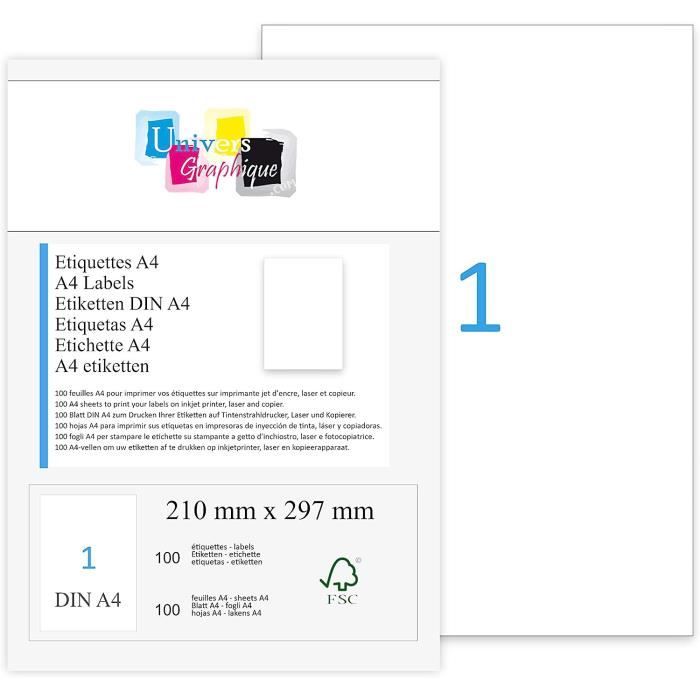 50 Feuilles A4 Papier Adhésif Blanc – Étiquettes Autocollantes 210x297 Mm – Imprimante Jet D’Encre, Laser, Copieur – Marque Univers Graphique