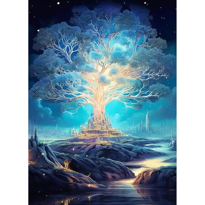 Kit Peinture Diamant Adulte – Motif Arbre De Vie 40x50 Cm, Avec Diamants Ronds, Stylo, Colle, Plateau, DIY Déco Murale