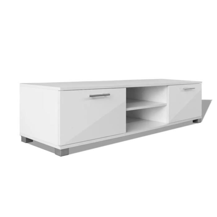 Meuble TV - Blanc - Haute brillance - 120 x 40 3 x 34 7 cm - 2 étagères - 2 compartiments avec portes