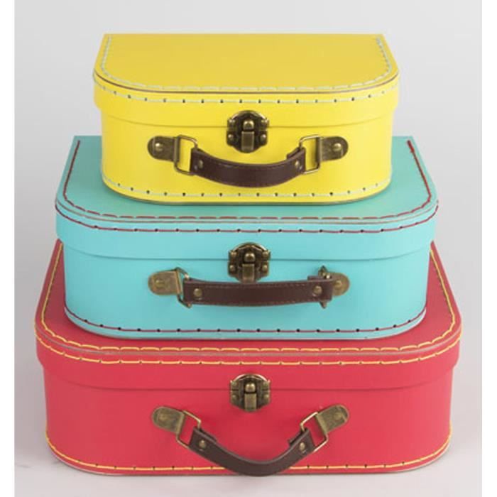 Lumineux Retro Mini Valises x 3 - Mariage - Décoration Rouge Bleu Jaune