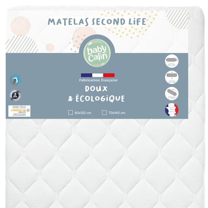 Matelas bébé écologique Second Life - BABYCALIN - 60x120 cm - 24kg/m3 - ouate recyclée