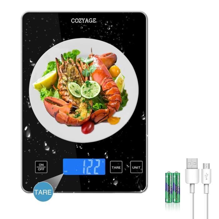 Balance De Cuisine Numérique 15 Kg - Précision 1g - Écran LCD Large - 5 Unités - Recharge USB-C - Plateforme En Verre - 5