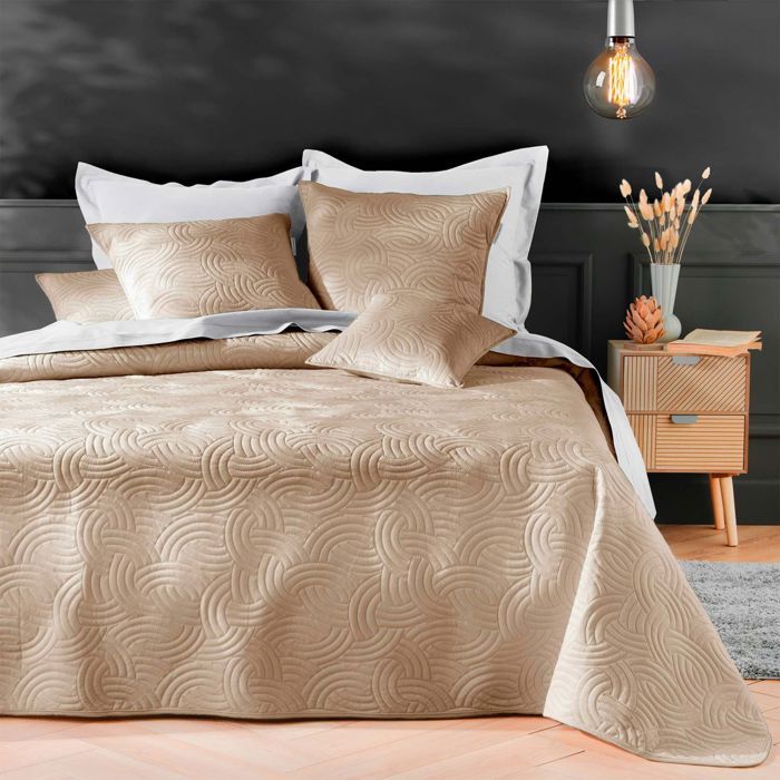 Couvre lit 220x240 cm + 2 Housses de coussin - Velours - Relief graphique - Lin