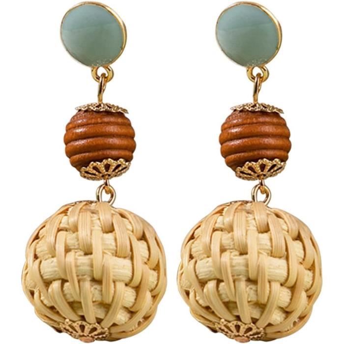 Lot De 4 Paires De Boucles D'oreilles En Rotin Bohème - Formes Géométriques, Légères, Style Tropical Et Plage - 12