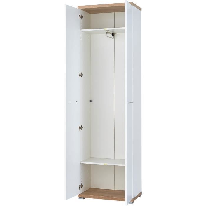 armoire vestiaire tosun avec 2 portes, fabriquée en panneau de particules laminé blanc avec une finition décorative en chêne.