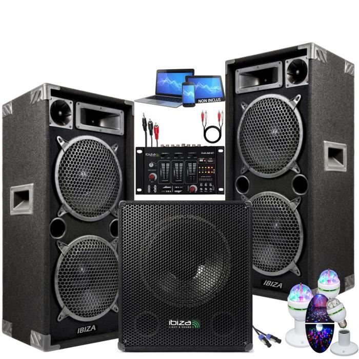 PACK SONO MIXAGE DJ 2800W avec 1 CAISSON + 2 ENCENTES + CABLES + JEUX DE LUMIÈRES LED PA DJ LED LIGHT SOUND