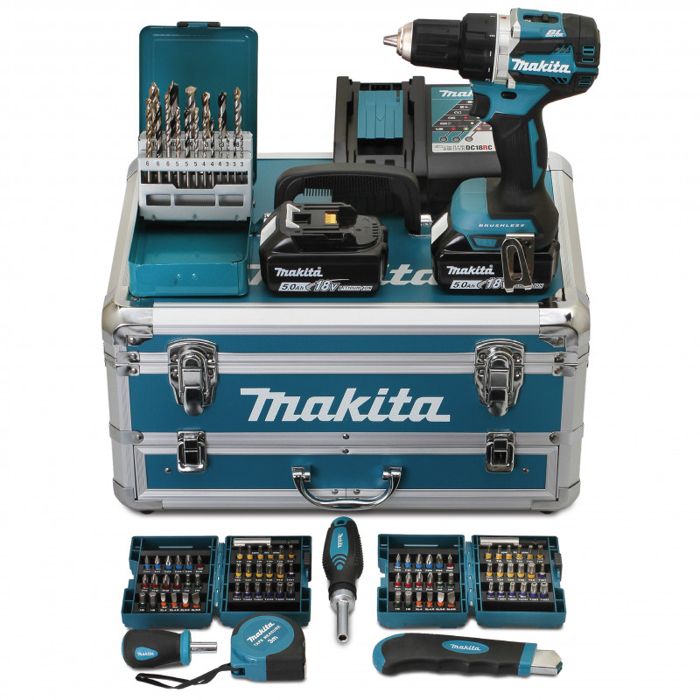 Perceuse visseuse 18V Ø13 mm MAKITA Avec 2 batteries LXT® 18V 5Ah + chargeur rapide + Coffret alu avec tiroir 96 accessoires DDF484RTX6 - vue 7