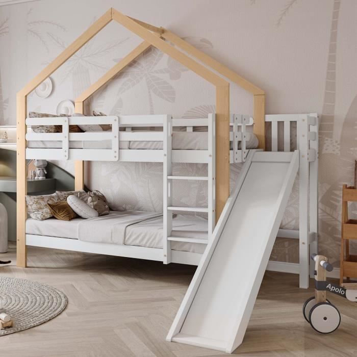 Lit superposé - Enfant - 90x200cm - Cadre en pin massif - Blanc + Naturel - Échelle et toboggan Lit superposé - Enfant - 90x200cm - Cadre en pin massif - Blanc + Naturel - Échelle et toboggan