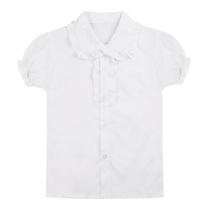 FEESHOW Bébé Fille Blanc Chemise à Manche Courte T-Shirt Corp Top de Soirée Anniversaire Uniformes Scolaires Blouse Chemisier Top Quotidien Costume Photographie 