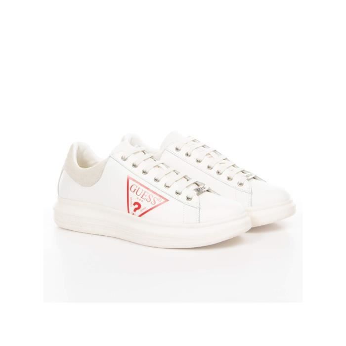 Basket Guess Homme Red logo triangle Blanc cuir - Authentique Chaussure Guess Homme